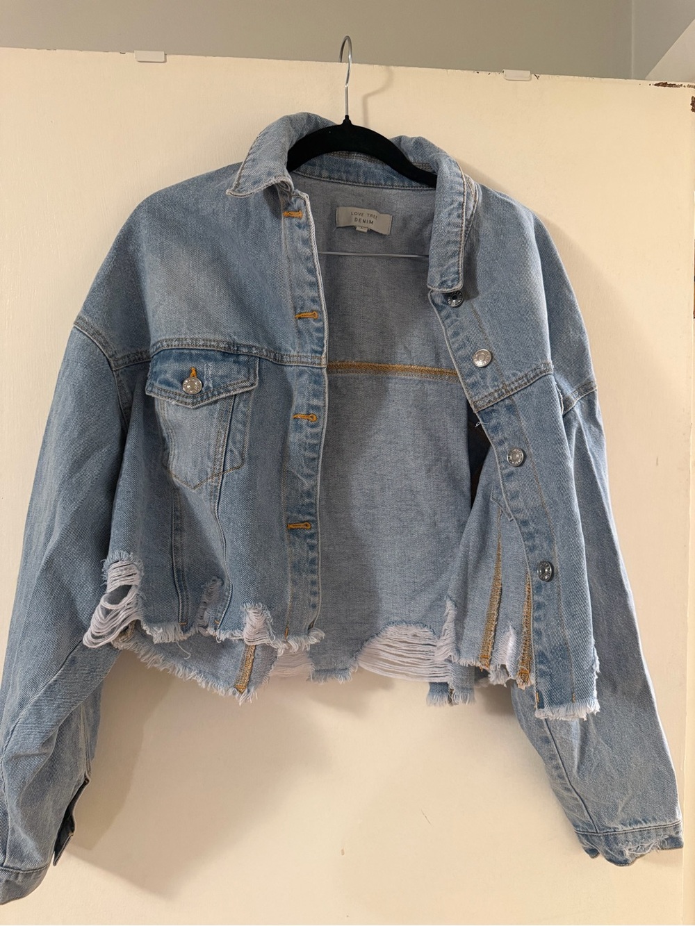 Light Blue Distressed Cropped Denim Jacket